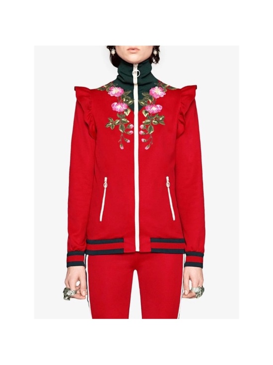 Gucci Jackets & Blazers - Gucci Red Embroidered Ruffle-Shoulder Bomber Jacket